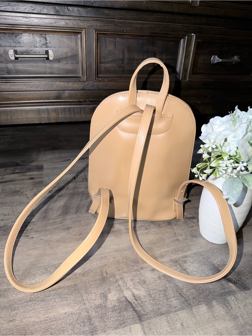 Designer Inspired Beige Backpack with Front Pocket - Picture 2 of 7